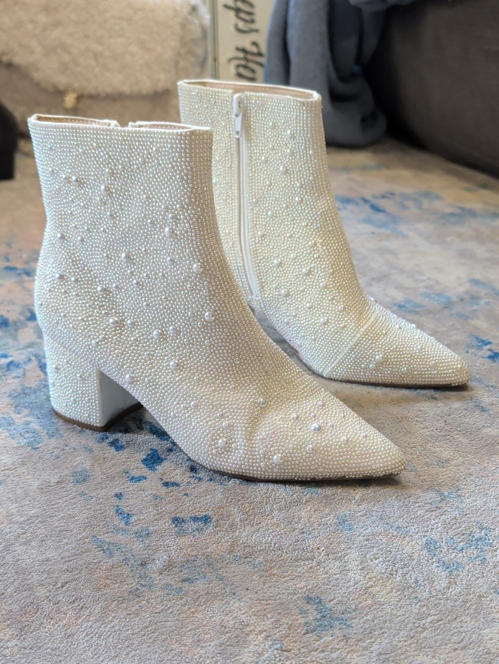 Betsey Johnson Pearl-Embellished White Ankle Booties with Block Heel Women's 6.5